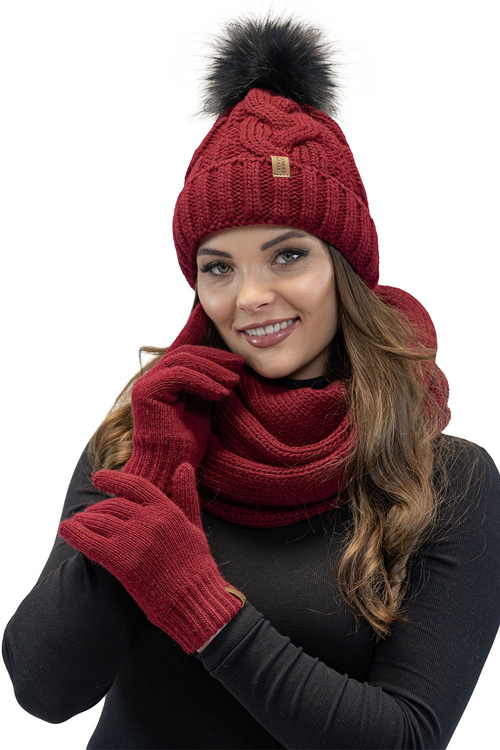 Vivisence 7014 Kmpl+R Komplet czapka+komin+rękawiczki, bordowy