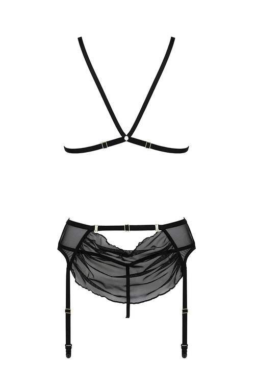 Passion Deliena set Nocna komplet biustonosz + stringi + pas do pończoch, black