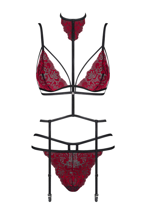Obsessive Sugestina 3-pcs set Nocna komplet biustonosz + figi + pas do pończoch, bordowy