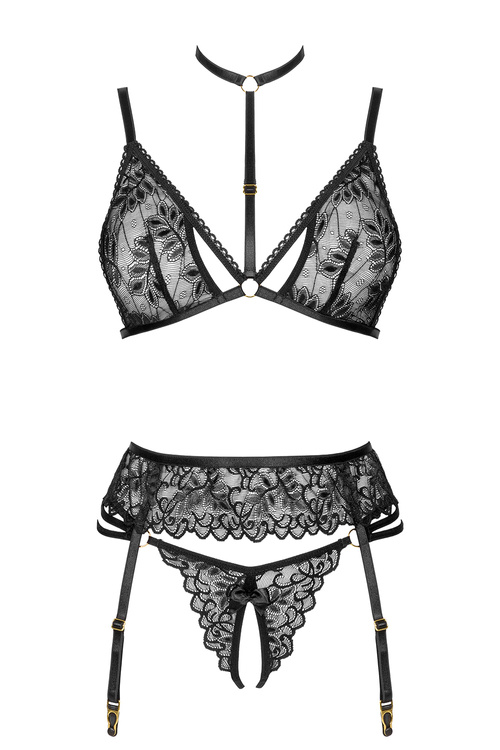 Beauty Night Noemi set BN6700 Нічна комплект: бюстгальтер + стрінги + пояс для панчіх, чорний