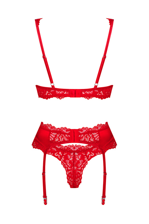 Obsessive Amor Cherris 3-pcs set Nocna komplet biustonosz + stringi + pas do pończoch, czerwony