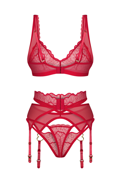 Obsessive Cupide Desir 3-pcs set Nocna komplet biustonosz + stringi + pas do pończoch, red
