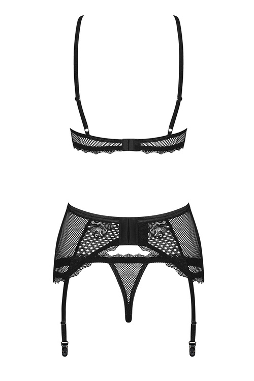 Obsessive Basitta 3-pcs set Nocna komplet biustonosz + stringi + pas do pończoch, czarny