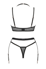 Obsessive Selinne 3-pcs set Nocna komplet biustonosz + stringi + pas do pończoch, czarny