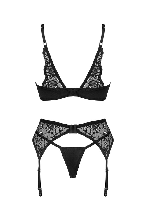 Obsessive Bellastia 3-pcs set Nocna komplet biustonosz + stringi + pas do pończoch, czarny