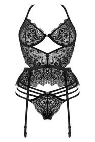 Beauty Night Lace Temptation BN6746 Нічна комплект: бюстгальтер + стрінги + пояс для панчіх, чорний