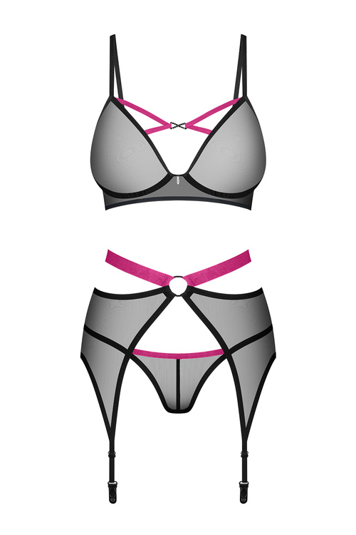 Obsessive Novenes 3-pcs set Nocna komplet biustonosz + stringi + pas do pończoch, black