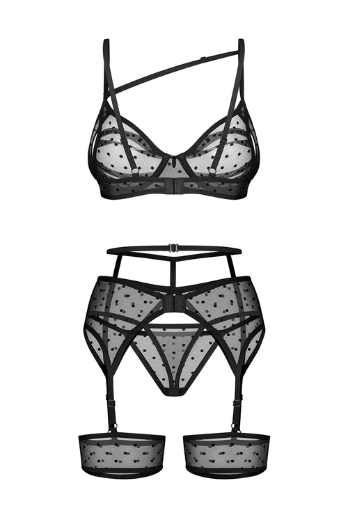 Obsessive Nuites 3-pcs set Nocna komplet biustonosz + stringi + pas do pończoch, black