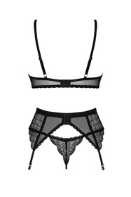 Obsessive Chemeris 3-pcs set Nocna komplet biustonosz + stringi + pas do pończoch, czarny