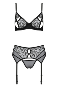 Passion Primula set Nocna komplet biustonosz + stringi + pas do pończoch, black